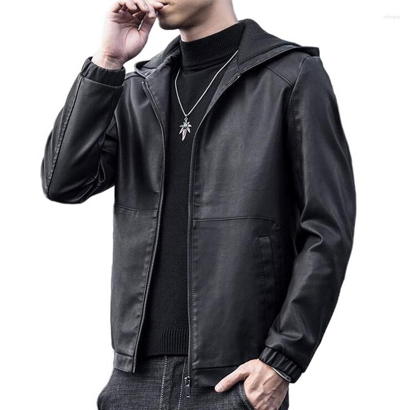 

Men's Fur Men Hooded Leather Jackets Coat Motorcylce Casual Thicken PU Jacket Biker Warm Brand Outwear, Black thin