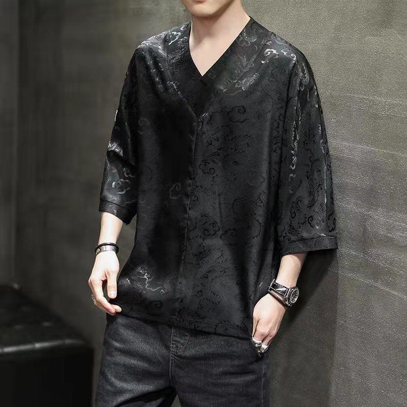 

Men's T Shirts Ethnic Style Dark Flower Ultra-thin Ice Silk T-shirt Short Sleeve Small Shirt Large Loose Half Summer ClothesMen's