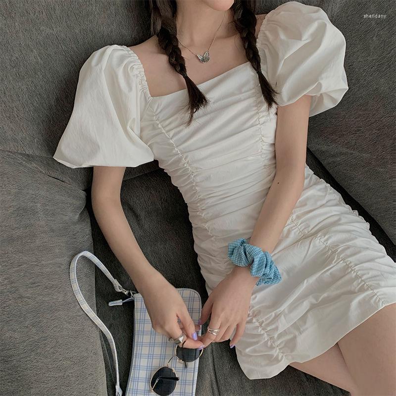 

Casual Dresses Fashion Style Student Korean Puff Sleeve Dress Female Summer Woman Vestido De Mujer Femme Robe, White