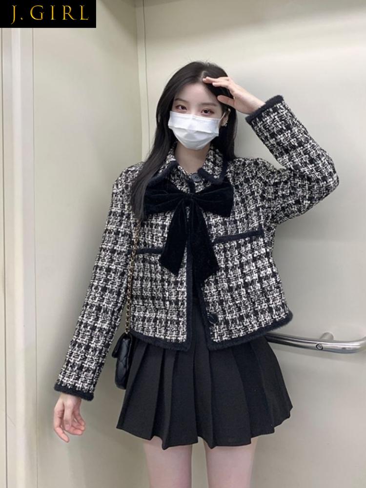 

Women' Jackets GIRLS Spring Autumn Vintage Tweed Coat Women Elegant Temperament Chic Cropped Long-Sleeved Ropa Para MujerWomen, As photo thick