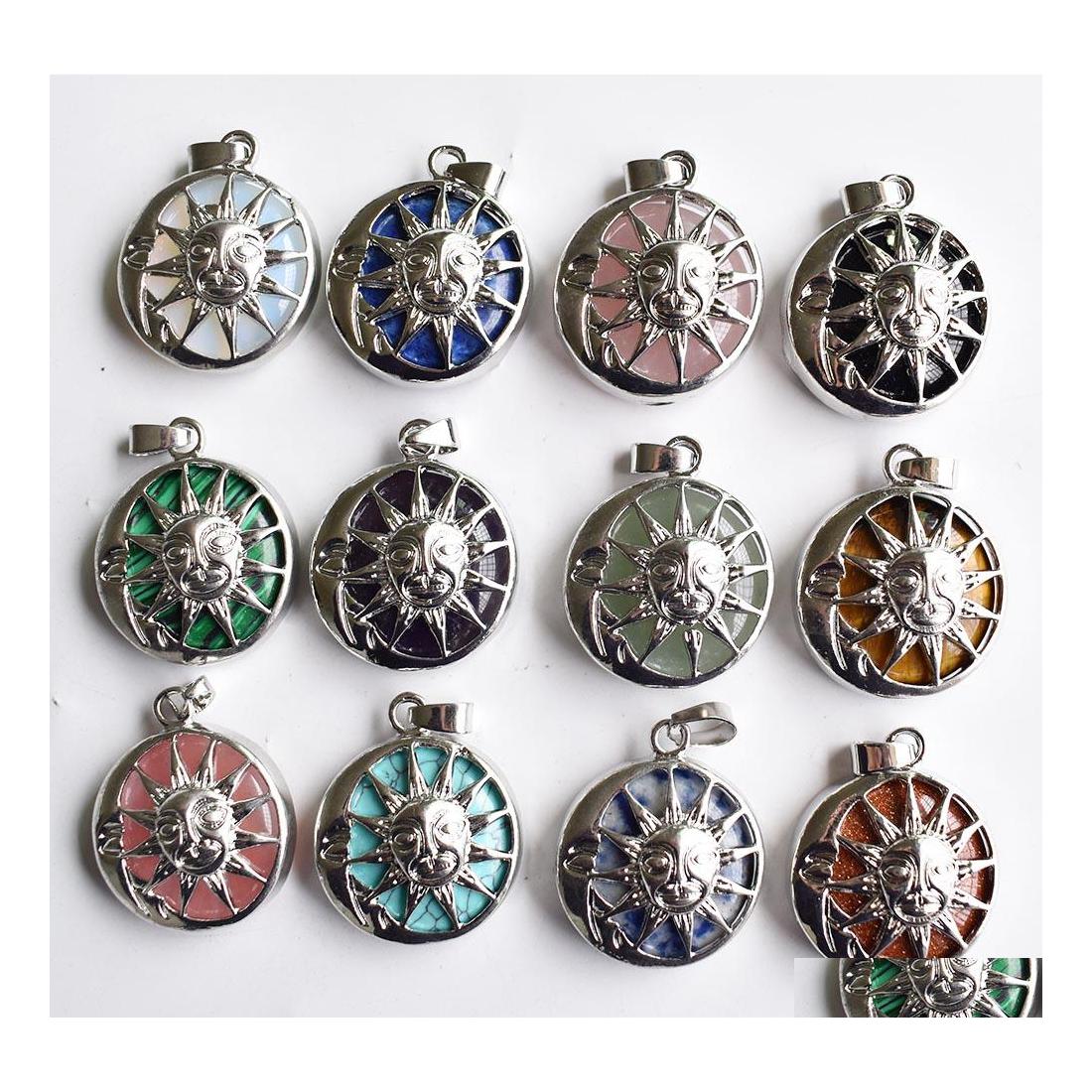 

Charms Natural Stone Amethysts Rose Quartz Chakra Lapis Alloy Sun Flower Pendants For Necklace Jewelry Accessories Marking Drop Deli Dhmuf