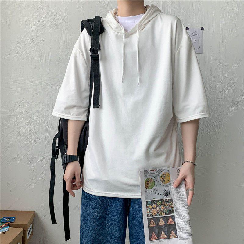 

Men's T Shirts Summer Men Hooded Short Sleeve Shirt All-match Korean Fashion Casual Teenager Oversized Punk Pullover Top Tee Black White