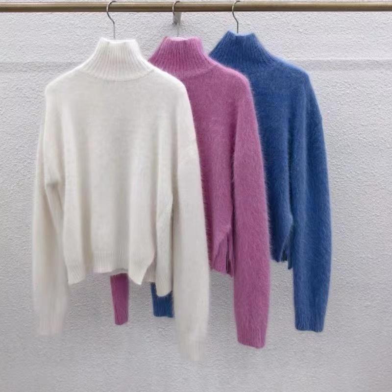 

Women's Sweaters Fashion Women Half High Collar Mink Cashmere White Sweater Chic Autumn Winter Long Sleeve Knitted Mohair Split Soft, Blue