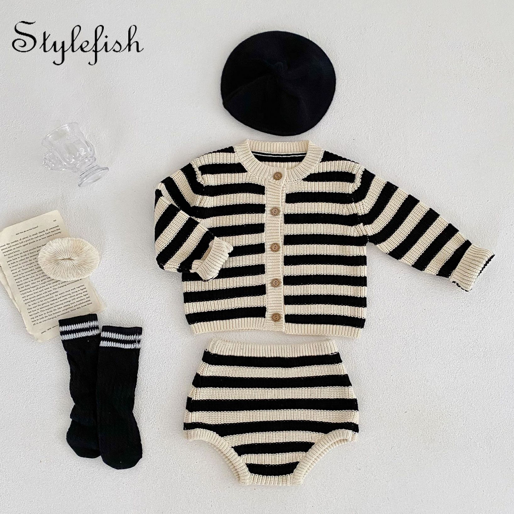 

Clothing Sets baby clothing knitwear two piece set baby boy and baby girl set striped sweater spring and Autumn 230217, Black