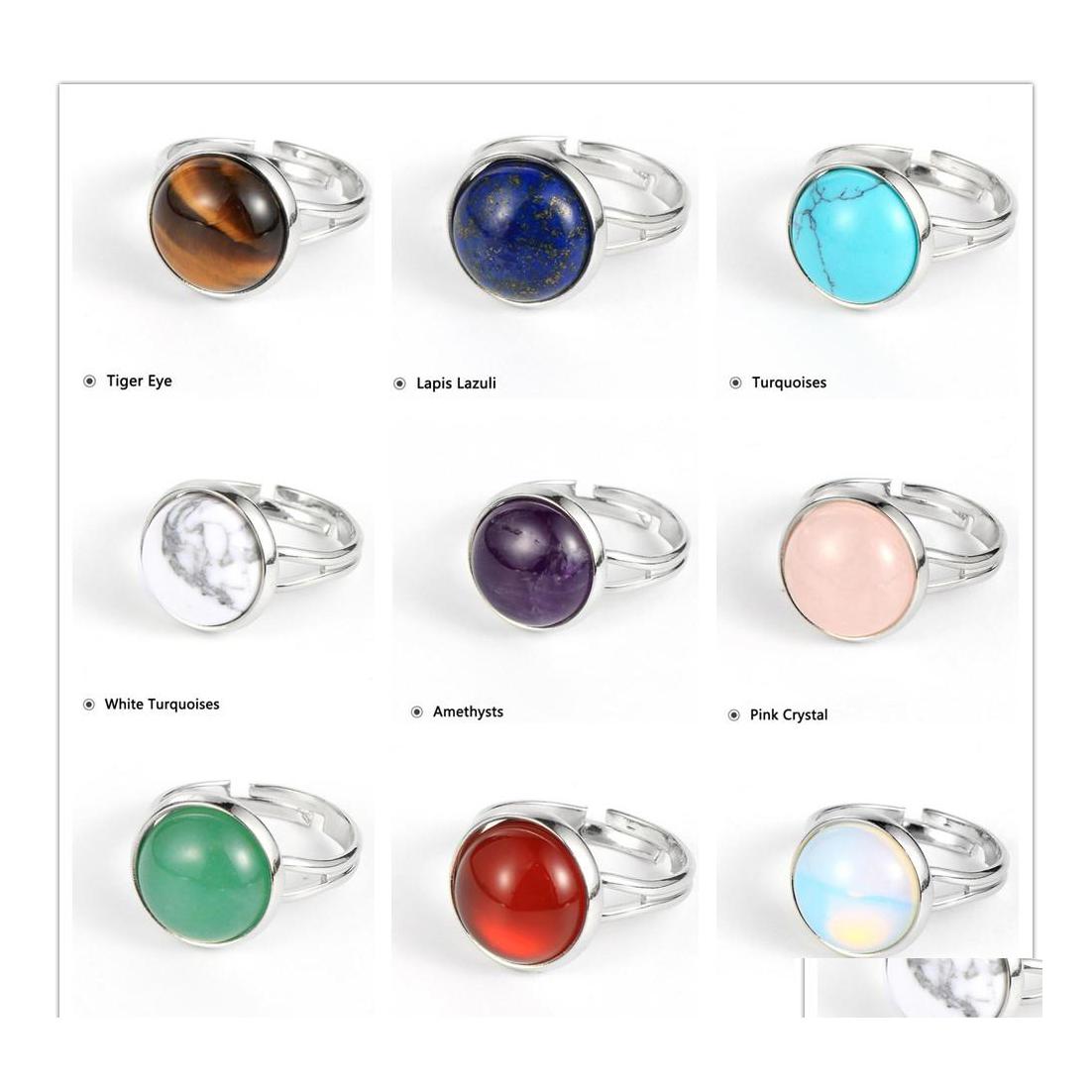 

Solitaire Ring 10Mm 12Mm Natural Gem Stone Tiger Eye Howlite Finger Round Crystal Onyx Copper Open Resizable Wedding Party Rings Dro Dhz1S
