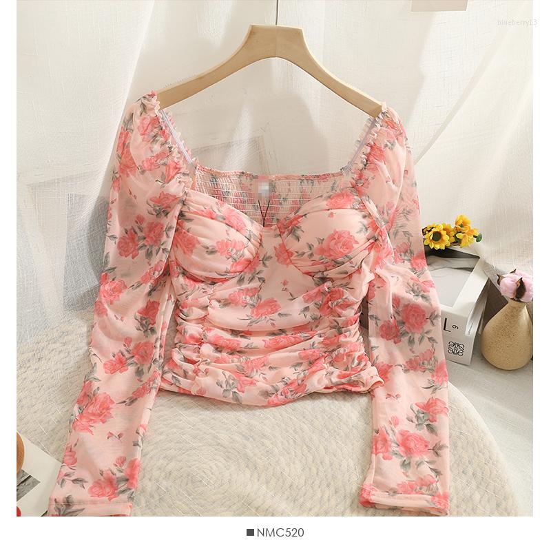 

Women's Blouses Womens French Style Shirt For Woman Blouse Long Sleeve Floral Shirts With Bra Women Sweet Pleated Crop Top Drop, White