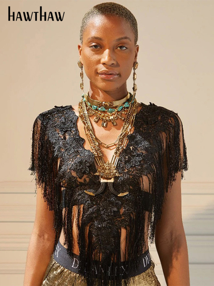 

Women's TShirt Hawthaw Women Sexy Lace See Through V Neck Party Club Black T Shirt Tops Summer Clothes Wholesale Items For Business 230217