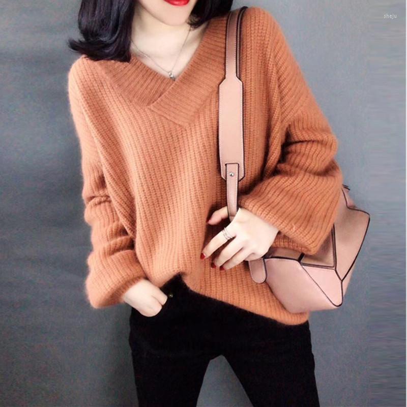 

Women's Sweaters 2023 Spring Autumn Lantern Sleeve Women Knitted Pullover Casual Loose V-Neck Female Sweater Top, Khaki