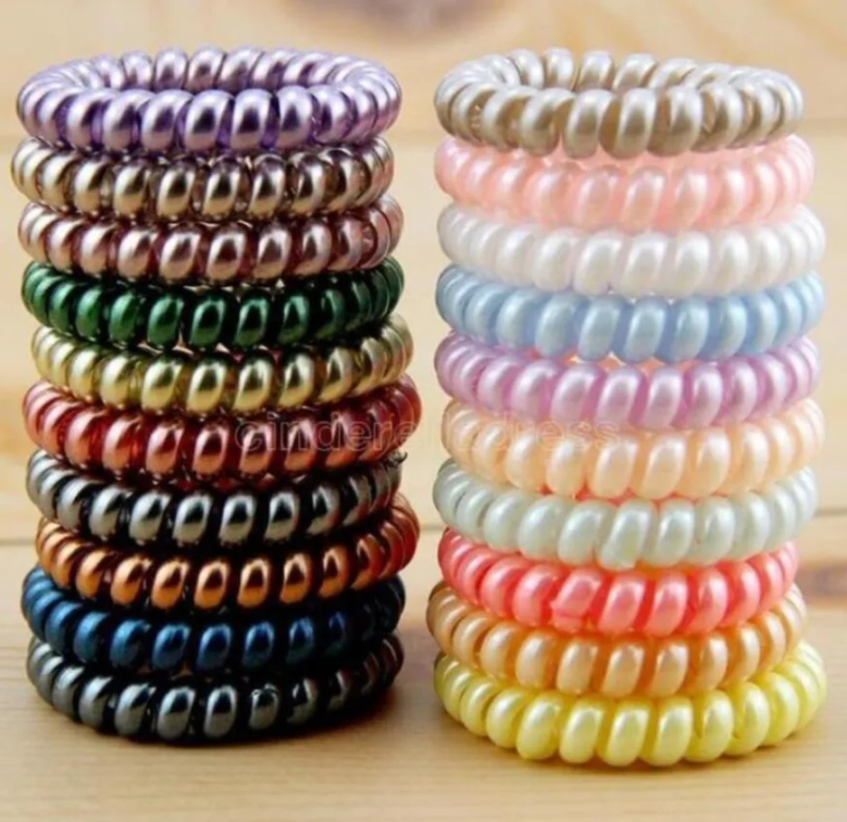 

New Women Scrunchy Girl Hair Coil Rubber Hair Bands Ties Rope Ring Ponytail Holders Telephone Wire Cord Gum Hair Tie Bracelet FY4851 J0217, Colors mix