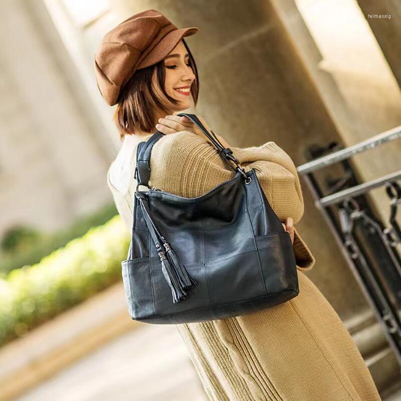 

Evening Bags Tassel Shoulder Bag Casual First Layer Cowhide Diagonal Large Capacity Soft Leather, Black