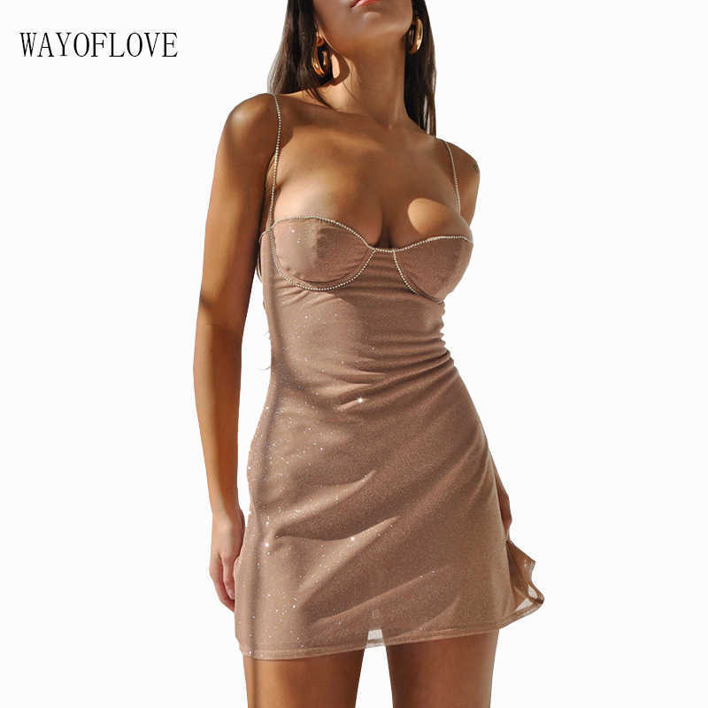 

Casual Dresses WAYOFLOVE Sexy Bright Silk Diamond Women Mini Dress LowNeck Sleeveless Backless Night Club Party Dress Elegant Princess Dresses Z0216, Pink