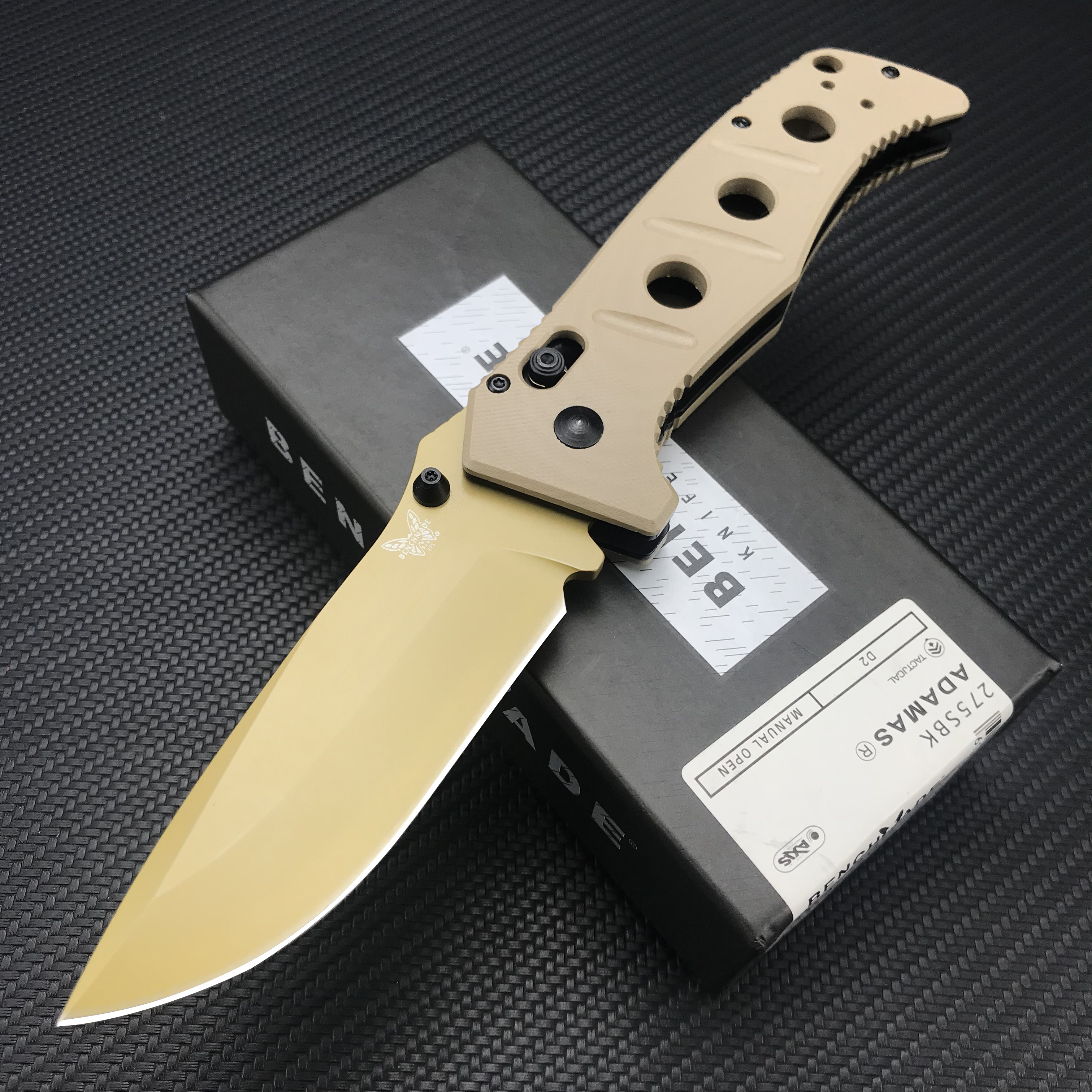 

Benchmade BM 275 Adamas Folding EDC Knife 3.78// CPM-CruWear Tool Steel Black/Gold G10 Handles Tactical Camping Pocket Knife