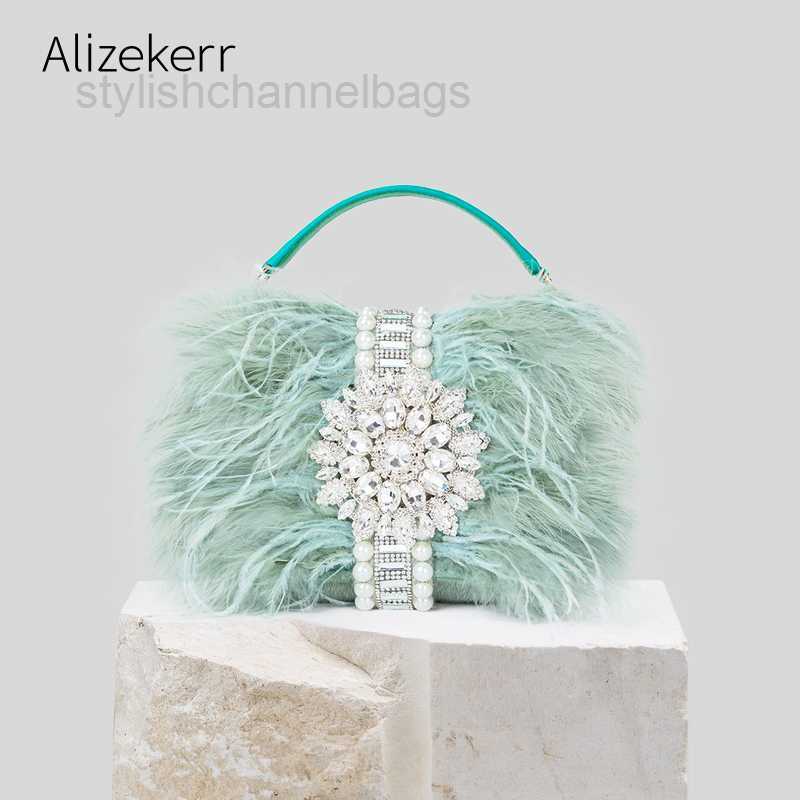 Totes Winter Women Fashion Handbags New Elegant Crystal Ostrich Feather Fur Dinner Dress Purses Designer Ladies Chain Crossbody Bags 0217/23-image-842684843