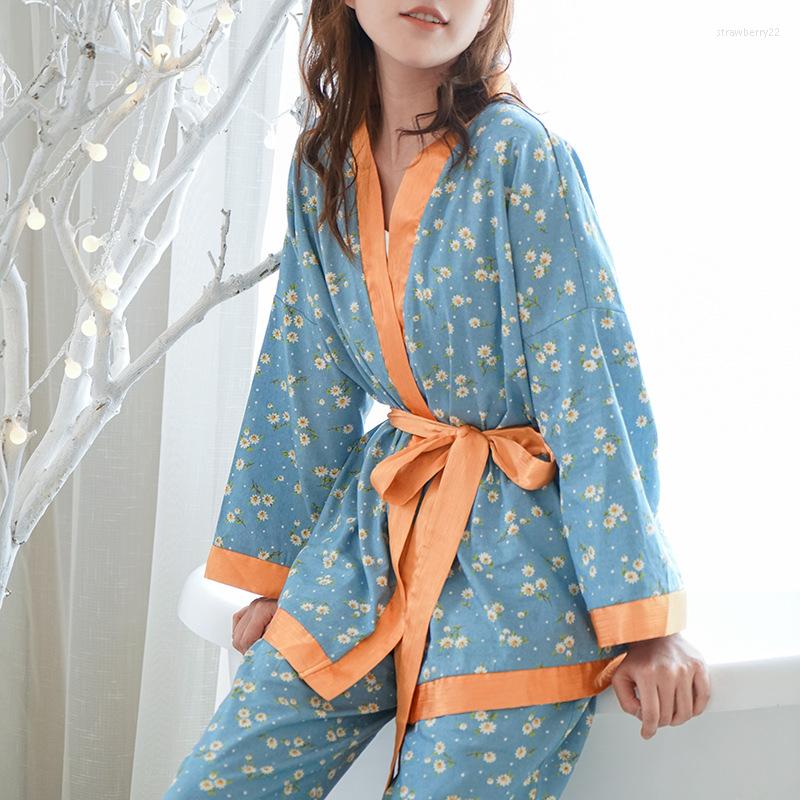 

Women's Sleepwear Flower Printing Long Sleeve Pants Pajamas For Women Loungewear Fashionable Home Set V-Neck Polyester Pijama Mujer, Blue