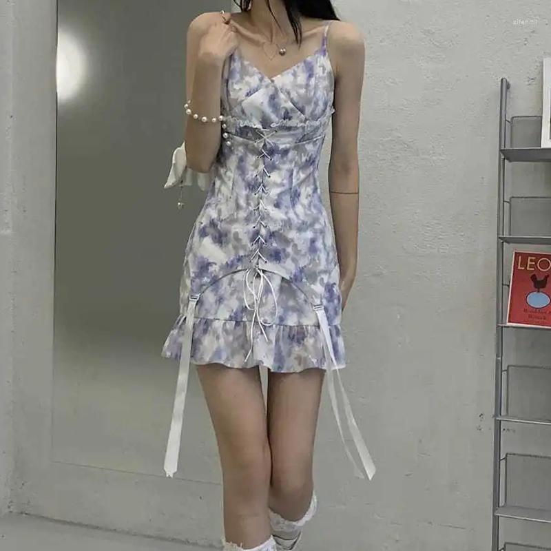 

Casual Dresses Summer Lace-up Draw String Lady V Neck Empire Back Zip Gothic Sexy Mini Tie Dye Dress Backless Sleeveless Vestidos, White