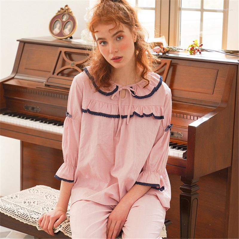 

Women's Sleepwear Home Service Suit Pajamas Women Spring And Autumn Cotton Long-sleeved Nightwear Casual Elegant Pink Pyjamas