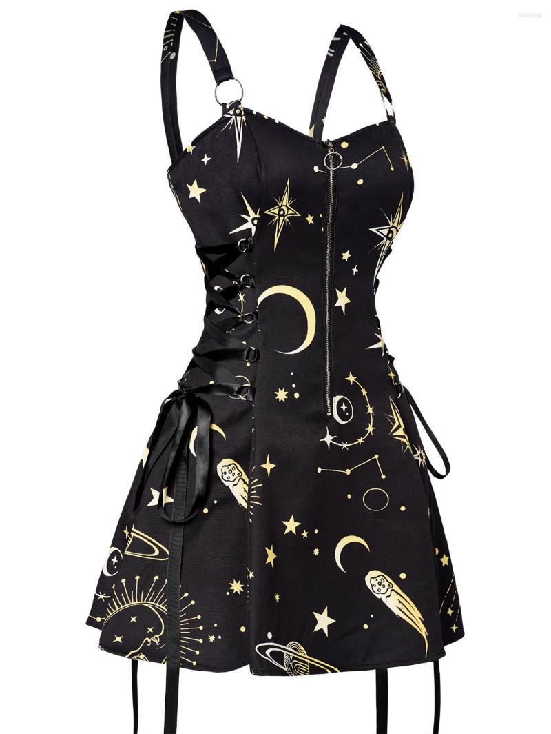 

Casual Dresses Dressfo Gothic Sun Star Print Mini Dress Half Zipper Lace Up High Waisted Strap Tank Robe Women Fashion Sexy Summer Clothing, Black