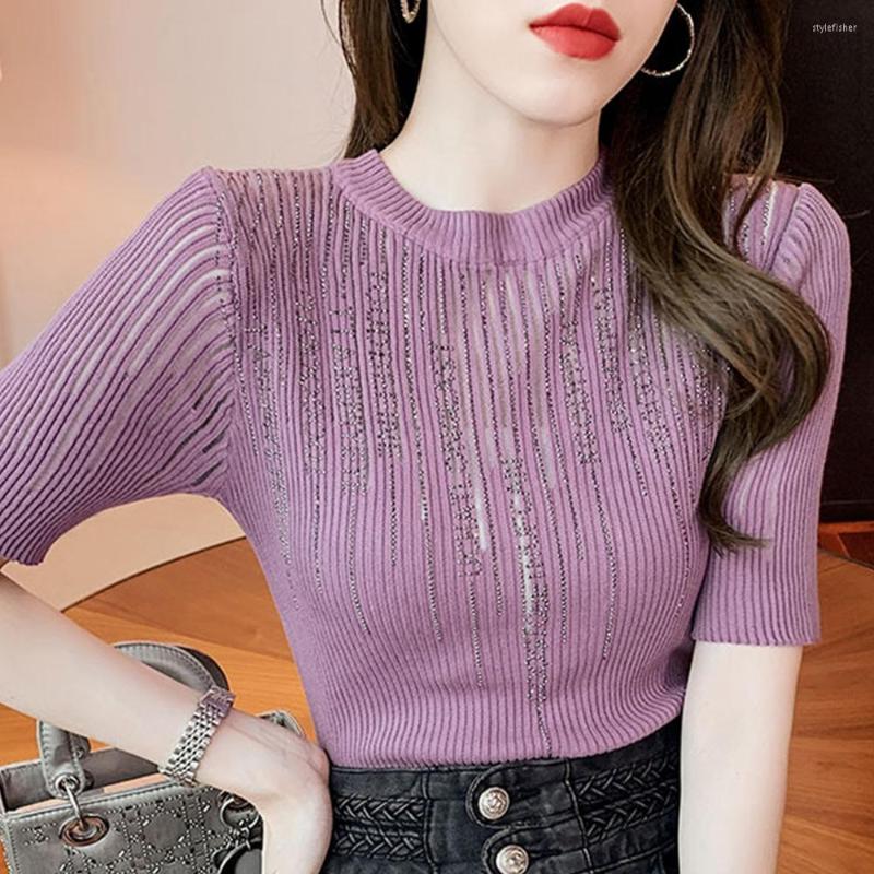 

Women's Sweaters Sexy Lace Diamonds Ice Knit Female Summer Cultivate Morality Letters Inside Half Sleeves Unlined Pulover Garment O-Neck, Blue