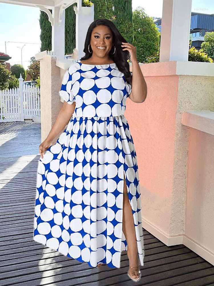 

Plus Size Dresses Women Summer Clothing Long Empire Dress With Slit Print Dot Boho Maxi Wholesale Bulk Drop, Black