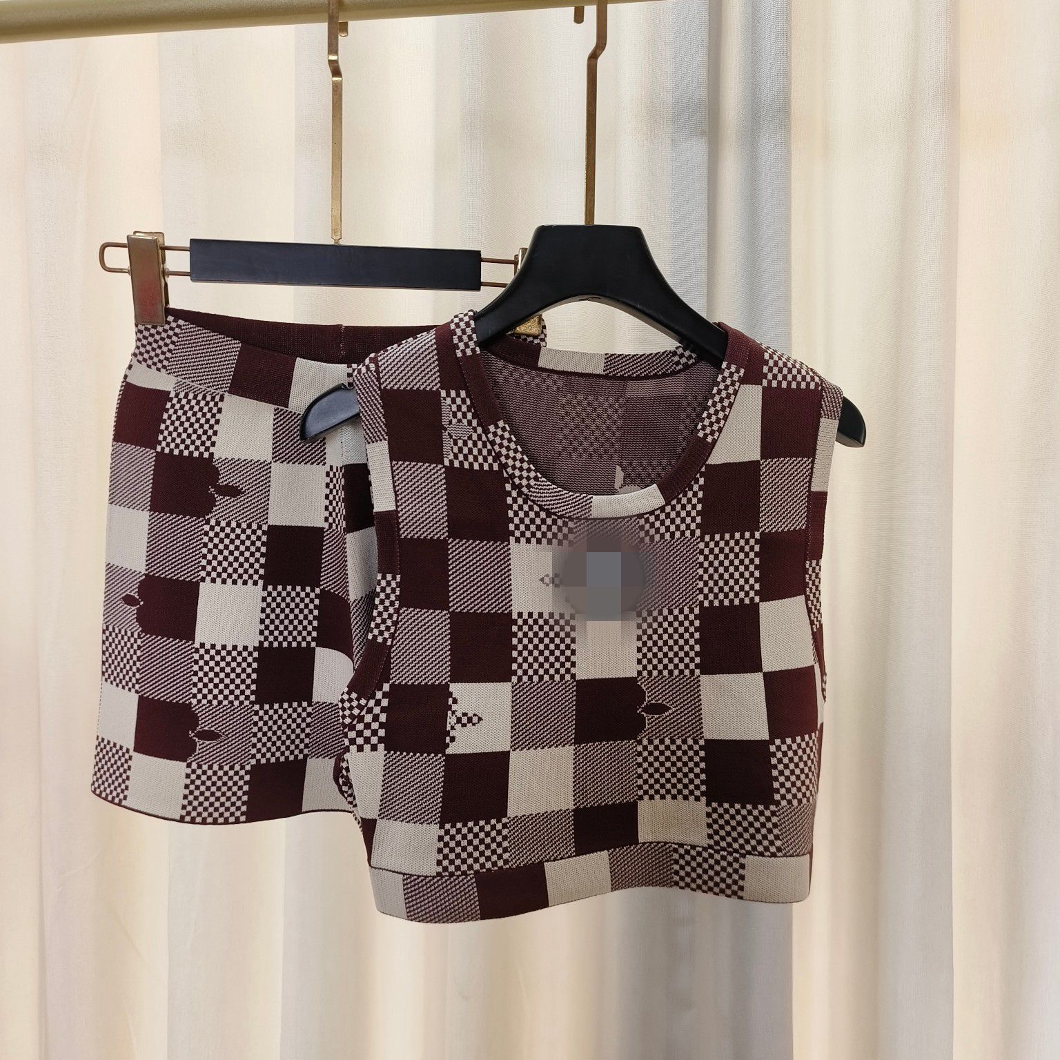 

2023 Red/Khaki Plaid Print Women's Two Pieces Sets Brand Same Style Two Piece Dress DH39