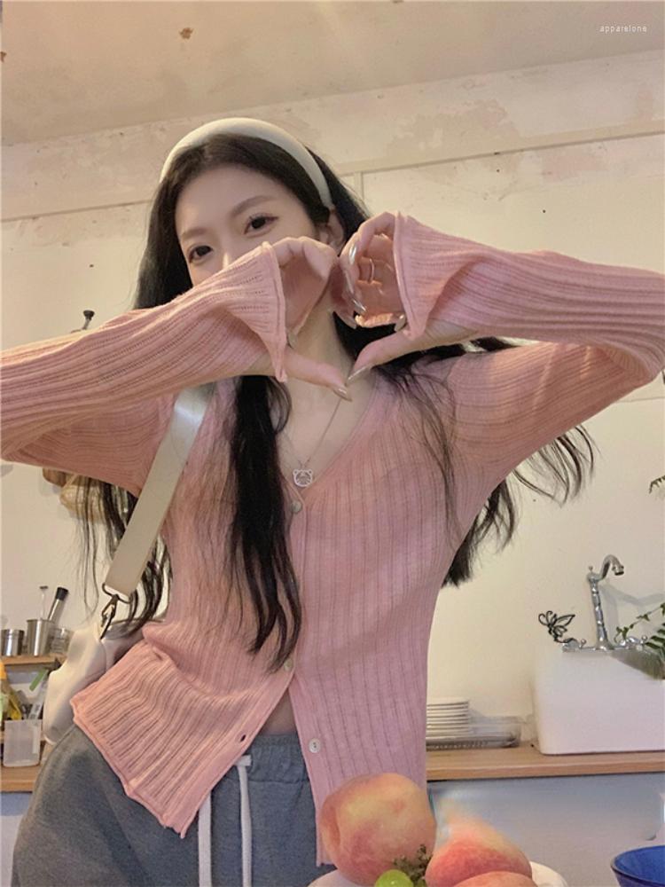 

Women's Knits Y2k Solid Long Sleeve Knitted Cardigan T-shirts Women Grunge Slim Tops 2023 Autumn Korean Casual V-neck Sexy Cropped T Shirt, Black