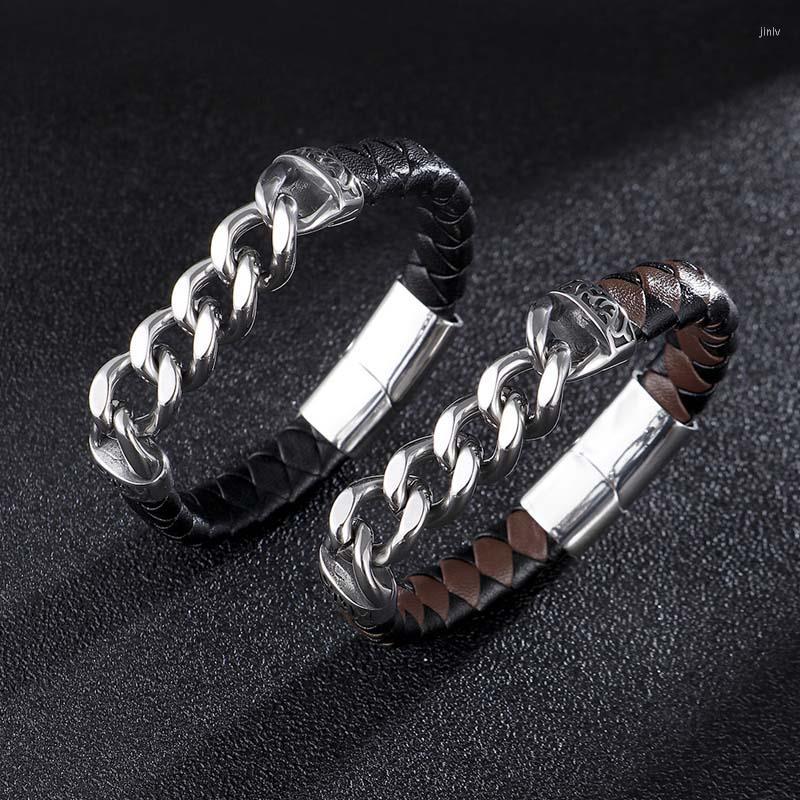 

Charm Bracelets Punk Style Stainless Steel Chain Leather Panel Men's Bracelet High Quality Hand-woven Rope Classic Jewelry Wholesale