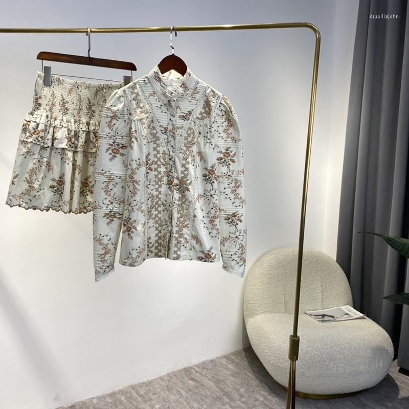 

Work Dresses 2 Piece Set Women 2023 Sping Little Floral Print Pleat Long Sleeve Cotton Blouses Shirts And Shirred High Waist Mini Skirt, Beige