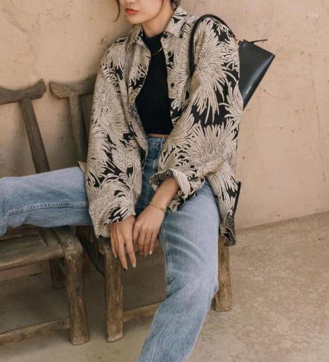 

Women's Blouses Woman Golden Chrysanthemum Floral Print SIlk Shirt Long Sleeves Fashion Tops 2023ss High Quality