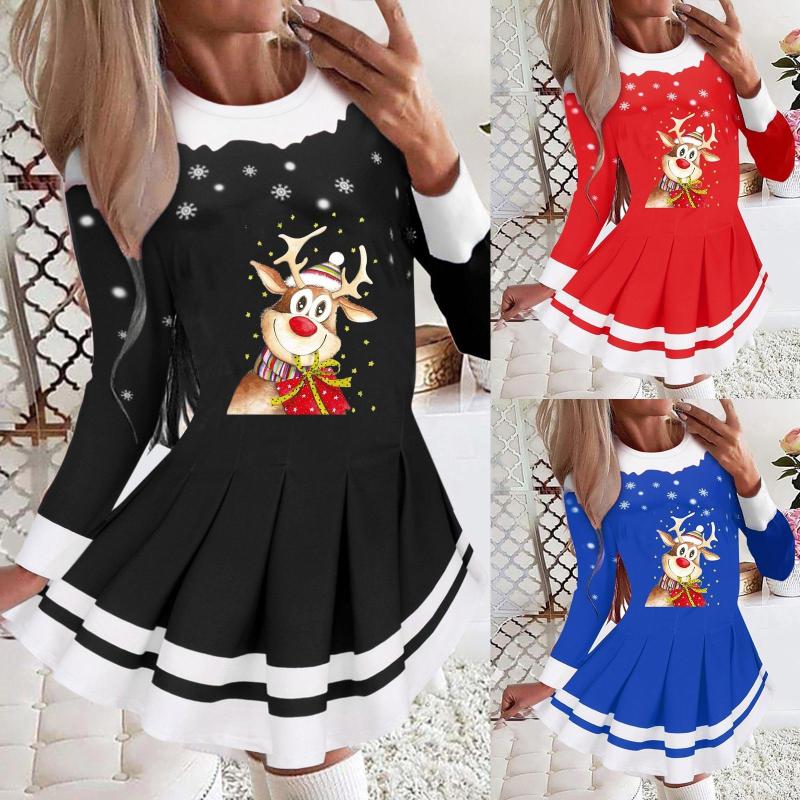 

Casual Dresses Women Fashion Christmas Print Long Sleeve Round Neck Dress Ladies Party Summer Tunic V Loose, Black