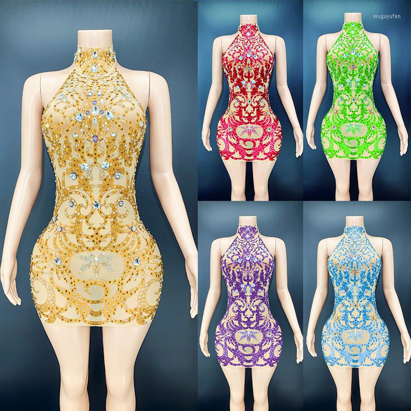 

Stage Wear Sexy Backless Rhinestone Dress Stretch Printing Prom Party Evening Dresses Singer Gogo Dancer Performance Costume VDB4813, Brown