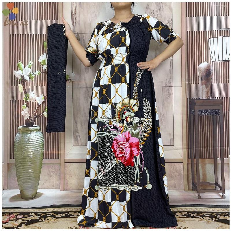 

Ethnic Clothing 2023 Muslim Dress African Women Abaya Dashiki Printed Short Sleeve Cotton Loose Women's With Scarf