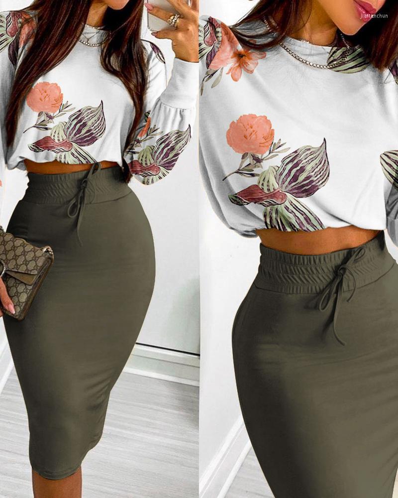 

Work Dresses Summer Women 2 Pieces Floral Print Blouse Skirt Set 2023 Femme Crop Top & Drawstring Shirred Office Lady Outfits Overall, Blue