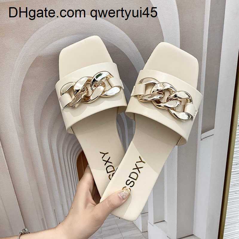 

qwertyui45 Slippers Slippers Cute Big Size Women Summer Slipper Square Toe Chain Slippers Slip on Flat Slide Sandals Beach Flip Flops Casual Shoe Ladies 021723H, Orange