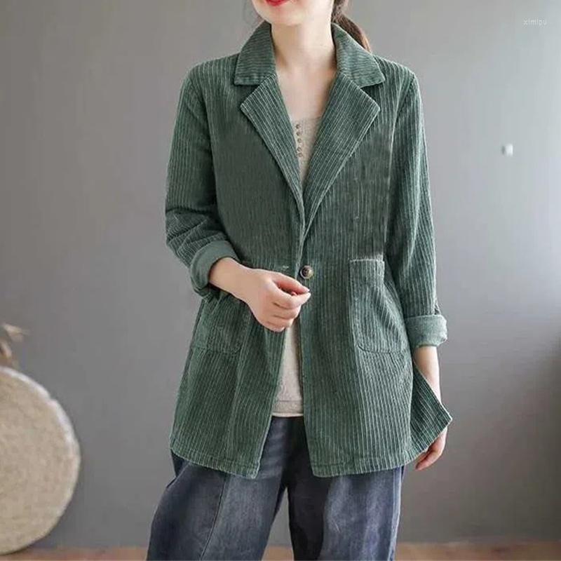 

Women's Jackets Casaco Feminino 2023 Mid-Long Corduroy Women Spring Autumn Coat Tops Striped Suit Jacket Fashion Blazer Vintage, Green