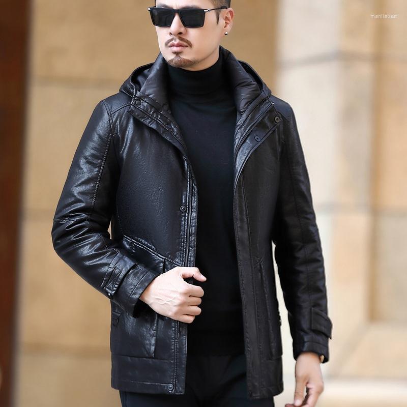 

Men's Down Leather Jacket Large Medium Length Loose Hooded, See chart