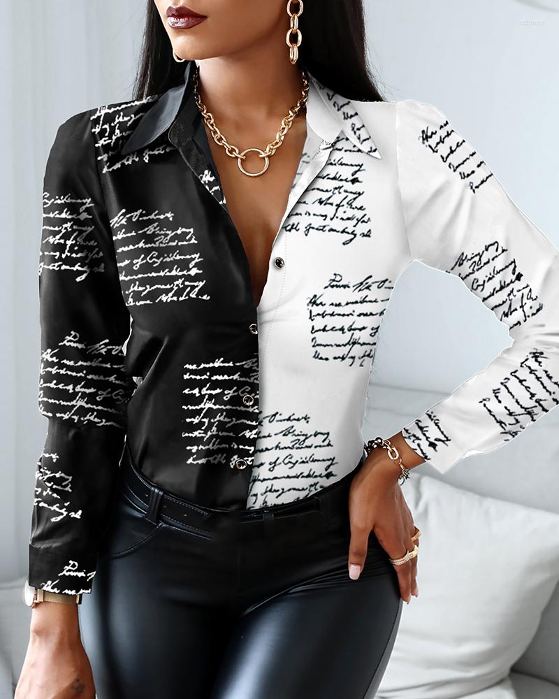 

Women' Blouses Spring Autumn Women Letter Print Shirt Femme Button Design Colorblock Turn-Down Collar Top Office Ladies Patchwork Blouse, Black