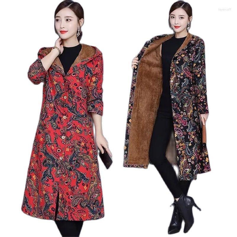 

Women's Trench Coats Retro Printed Cotton Coat Female Autumn Winter Long Women Add Velvet Thickened Over-The-Knee Hooded Windbreaker, Blue