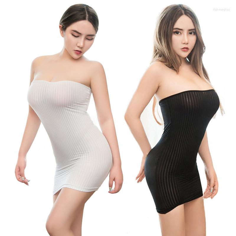 

Casual Dresses Sexy Women Striped Bodycon Boob Tube Mini Dress Strapless Semi See Through Stretchy Fancy Clubwear, Black