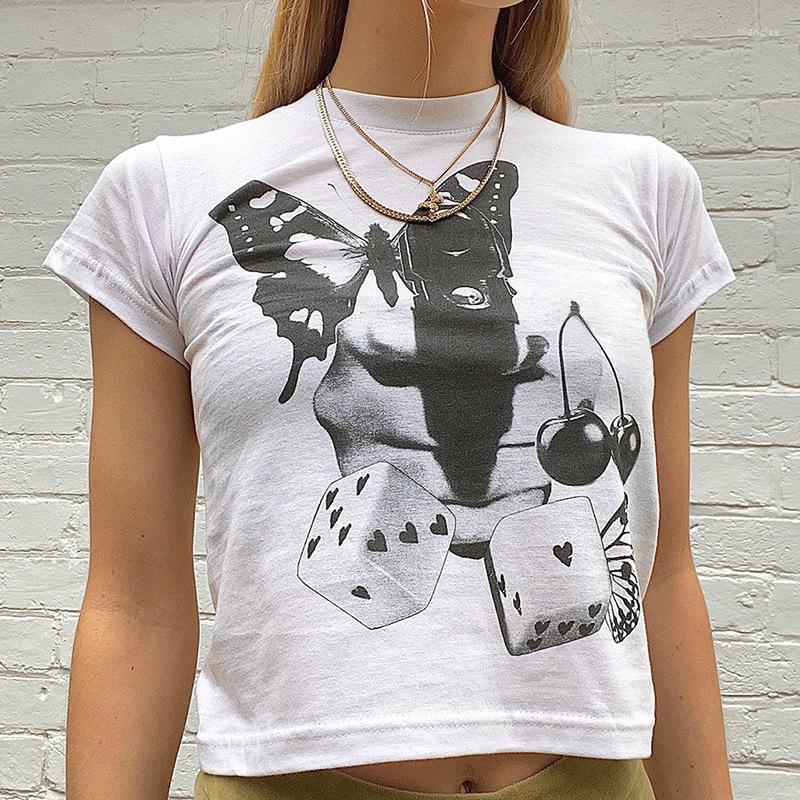 

Women' T Shirts Summer Women Tops Abstract Butterfly Print Round Neck Short Sleeve Slim Pullover Crop Shirt For Young Ladies Female, White