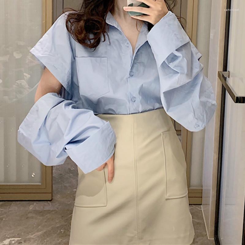 

Work Dresses 2023 Women Summer Two Piece Suit Long Sleeved Hole Turn-down Collar Blue Blouse And Solid Leather Skirt Korean Style Ladies, Apricot skirt