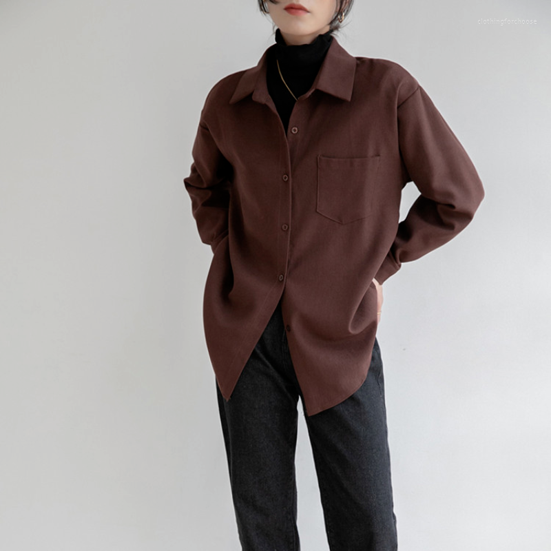 

Women' Blouses 2023 Spring Casual Woman Loose Pocket Woolen Shirt Jacket Fashion Ladies Autumn Long Sleeve Thick Blouse Coat Female Outwear, White