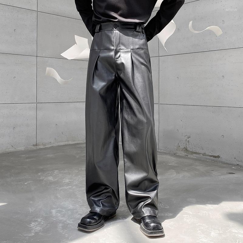 

Men's Pants Autumn Winter Techwear Style Leather Mens Harajuku Casual Loose Straight Trousers Korean Fashion Streetwear, Black