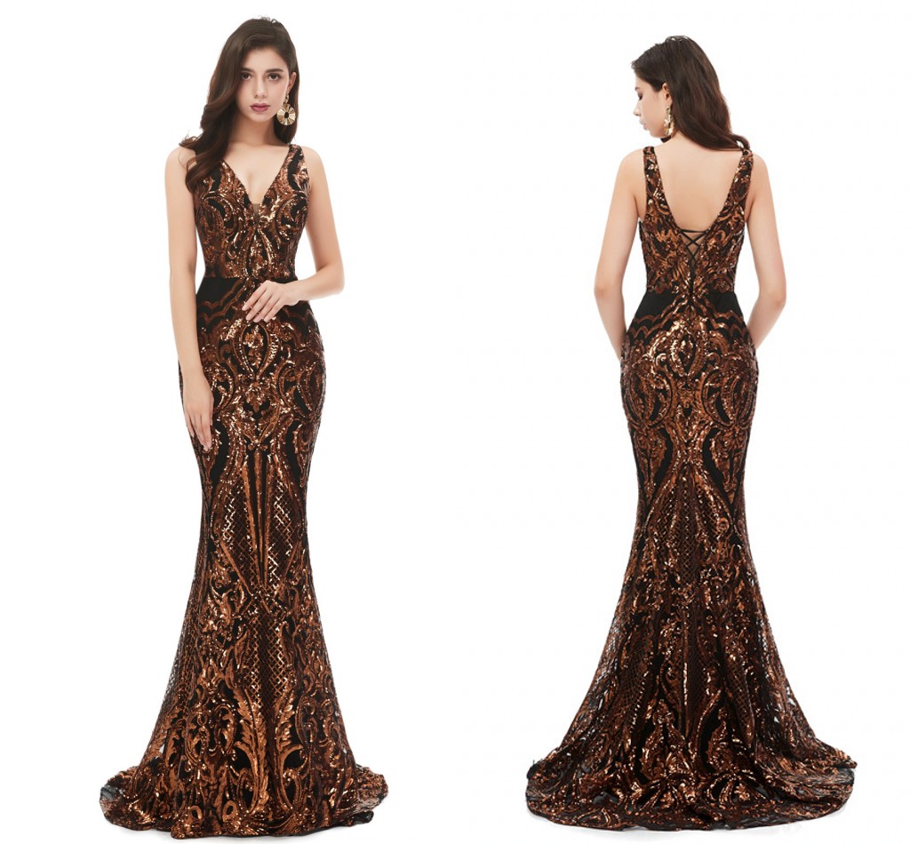 

Gorgeous Lace Sequined Prom Dresses Sexy Gold Appliques Mermaid V Neck Evening Gowns Backless Vestidos de fiesta Women Party wears BM3304, Same as picture color 4