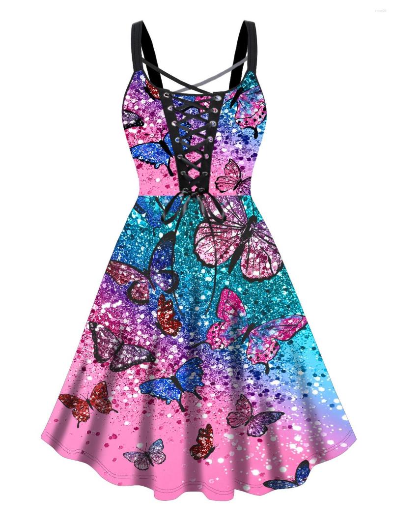 

Casual Dresses -5X Plus Size Dress Butterfly Printed Lace Up High Waisted Midi Party Women Curve Vestidos De Fiestas Noche Para Mujer, Multi