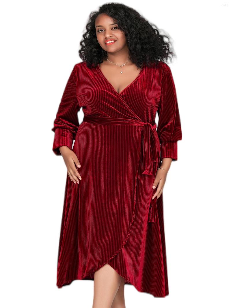 

Plus Size Dresses Long Sleeve Fall Winter Chic Dress Women V-neck High Split Tie Wrap Midi Flowy Female Big Christmas, Red