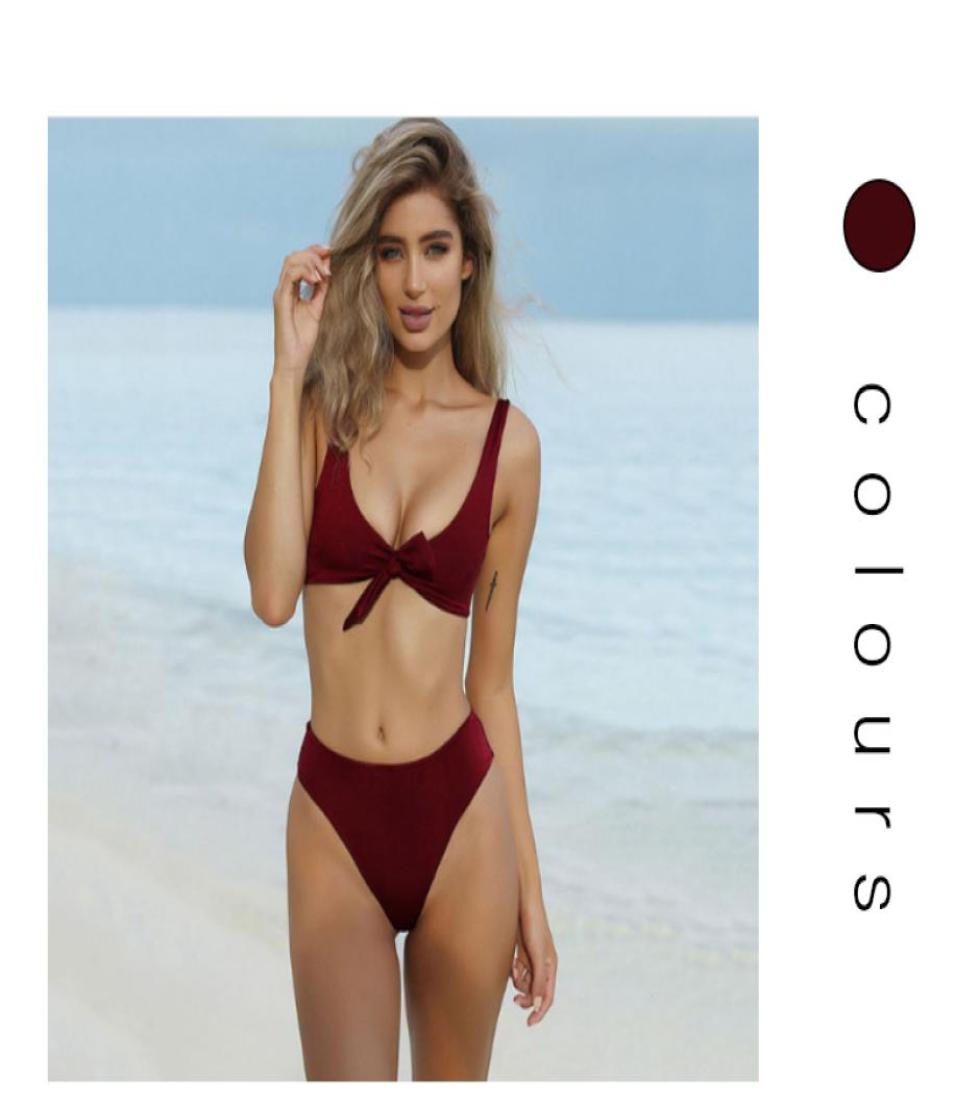 

Bow Solid color bikini sexy Large V neckline High waist Briefs women Biquini multiple colour Push Up Swimwear4646793