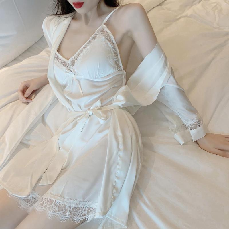 

Women's Sleepwear Nightdress Women 2PCS Robe Set Satin Kimono Bathrobe Gown Sexy Nightgown Lace Nightwear V-Neck Intimate Lingerie, White