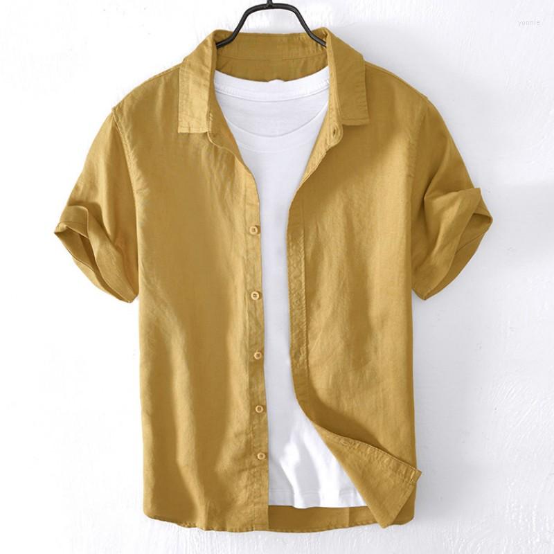 

Men's Casual Shirts Summer Thin Breathable Men's Cotton Linen Working Shirt Short Sleeve Button Beach Blouses Turn-down Collar, Yellow