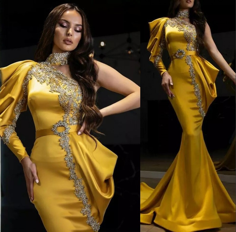 

Luxury Crystals Turkey Dubai Arabic Prom Dresses High Collar One Shoulder Drapped Gold Special Occasion Evening Gowns For Women Sexy Mermaid Robe de Soiree CL1866, Dark navy