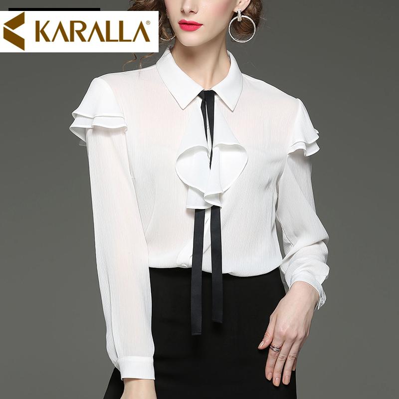 

Women' Blouses & Shirts White Chiffon Blouse Bow Tie Pure Turn-dowm Collar Elegant Office Lady Wear Long Sleeves Ruffled C465